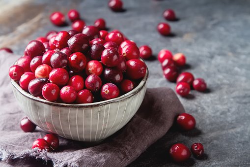 Red berries on a dark background. cranberries in a bowl