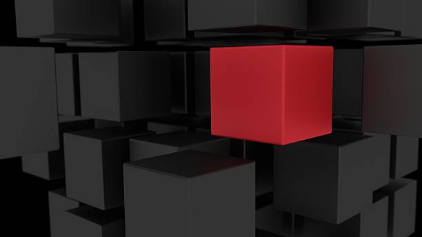 Red box among array of black cubes 3d illustration stock photo