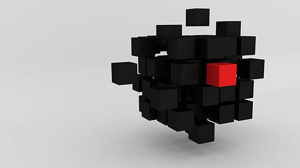 Red box among array of black cubes floating 3d illustration stock photo