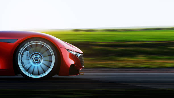 red car driving on a road side view of fast moving red car, road in fields, motion blur,  3D, car of my own design. car stock pictures, royalty-free photos & images