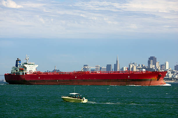 red cargo ship stock photo