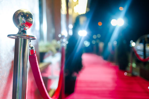 Red carpet at an exclusive event. Award ceremony red carpet Festive event or celebrity entrance concept. stock photo