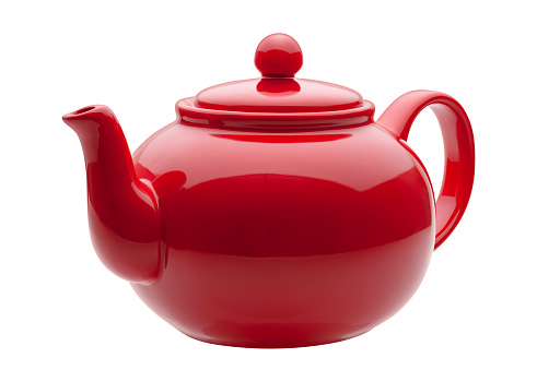 Red Ceramic Teapot isolated on white with a clipping path. The image is in full focus, front to back.