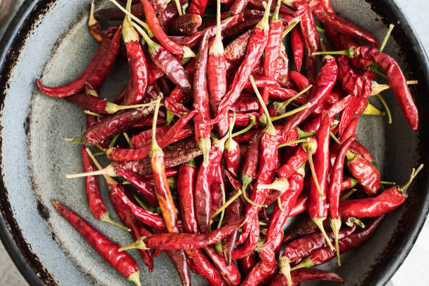 Red chili peppers air drying, close-up stock photo