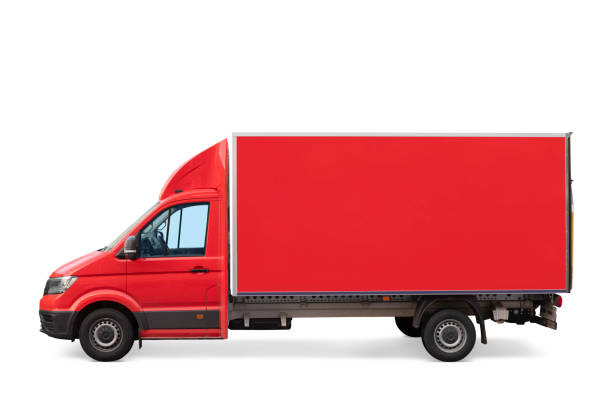 Red delivery truck isolated on white stock photo