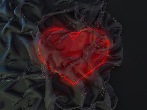 Red glowing heart covered with transparent fabric, symbol of love. 3D rendering