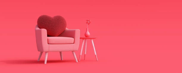 Red heart on pink armchair, mock up minimal interior design concept with copy space 3d render stock photo