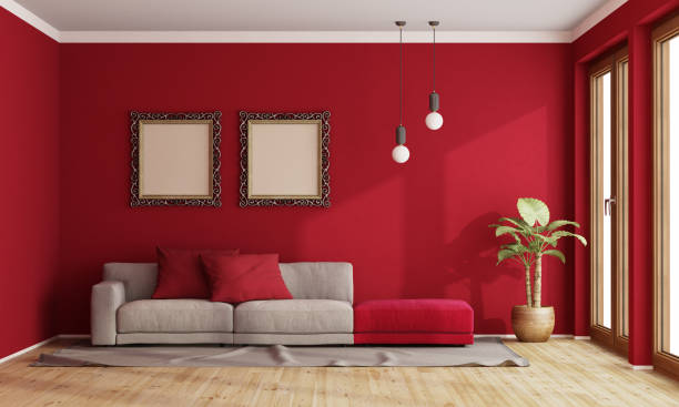 Red living room with modern sofa stock photo