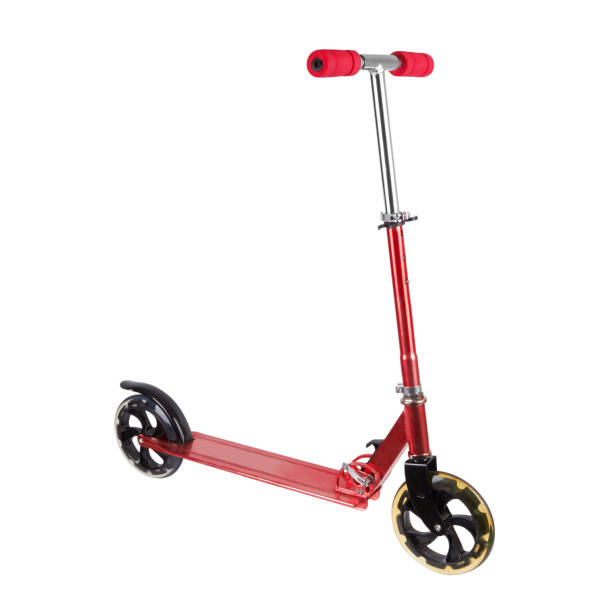 red metall scooter - tretroller stock-fotos und bilder