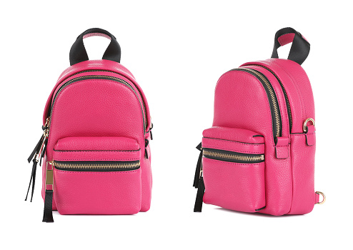 Red mini backpack on isolated background. Bag front and side view