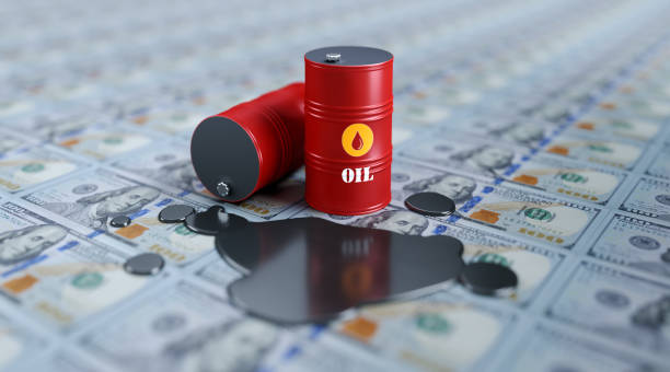 Red Oil Drums Sitting on One Hundred American Dollar Banknotes- Oil Industry Concept Red oil drums sitting on One hundred American Dollar banknotes. Horizontal composition with copy space. Oil industry concept. oil market  stock pictures, royalty-free photos & images