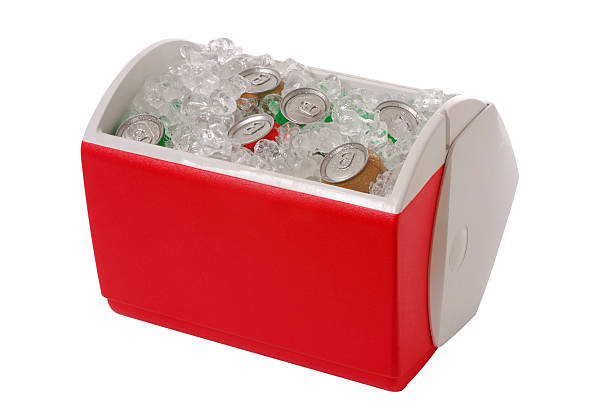 Red open cooler filled with ice cold soda and ice stock photo