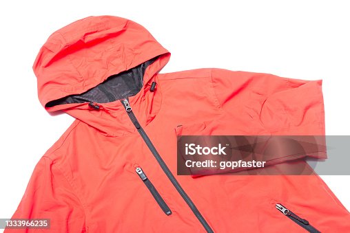 istock Red orange and black zipper windbreaker hiking jacket 1333966235