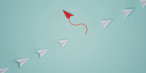 red paper plane out of line with white paper to change disrupt and finding new normal way on blue background. lift and business creativity new idea to discovery innovation technology. 3d render - change habits imagens e fotografias de stock