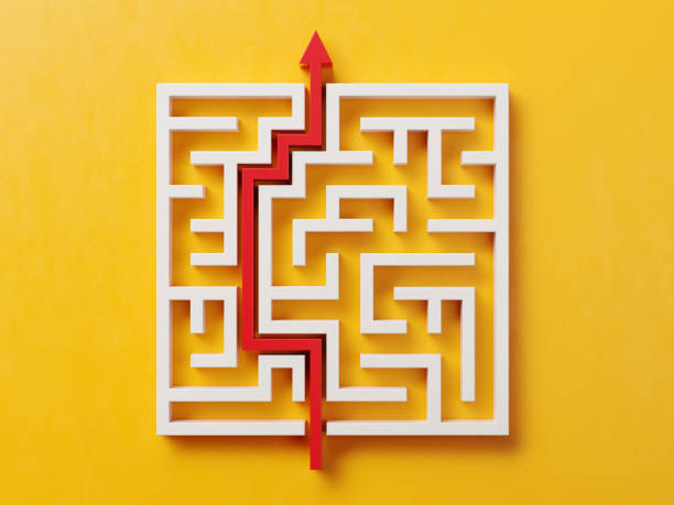 Red Path Across A White Maze On Yellow Background Red path across a white maze on yellow background. Horizontal composition with copy space and clipping path. Directly above. maze photos stock pictures, royalty-free photos & images