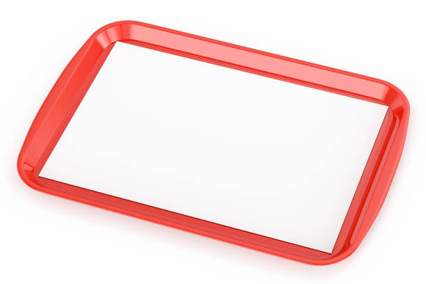 Red plastic food tray with empty liner Red glossy plastic fast food tray with blank white advertising paper liner on isolated on white background. 3D illustration tray stock pictures, royalty-free photos & images
