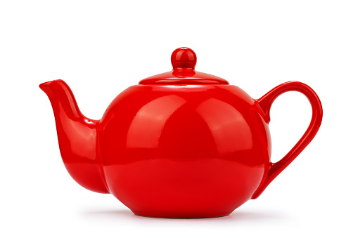 red porcelain round teapot, isolate on white background