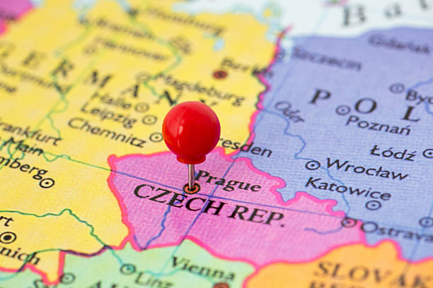 Red Pushpin on Map of Czech Republic stock photo