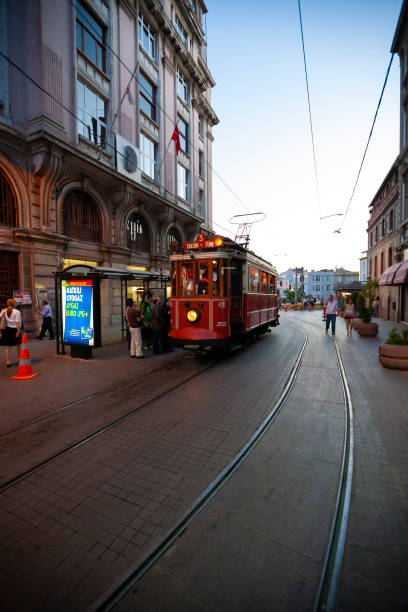 Red retro tram on Istiklal street, Beyoglu - Istanbul stock photo