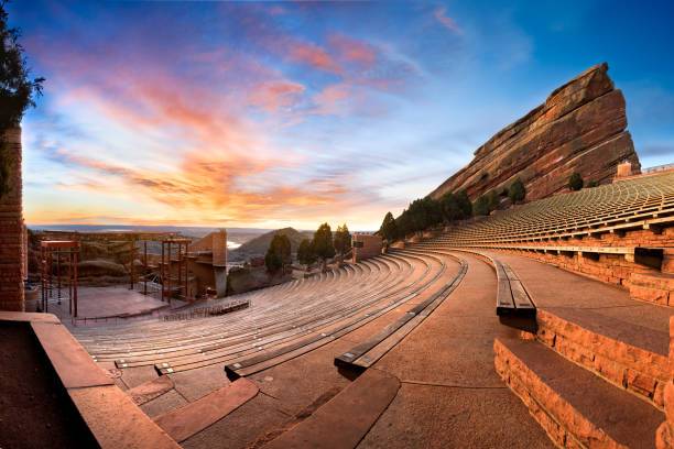 Red Rocks at sunrise Red Rocks at sunrise, near Denver Colorado amphitheater stock pictures, royalty-free photos & images