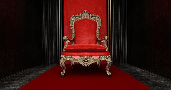 Red royal chair on a red and black background, VIP throne, Red royal throne, 3d render