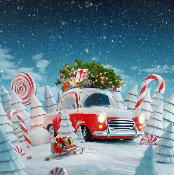 Red Santa's car Red Santa's car with gift boxes and christmas tree on the top in a magical forest. Merry Christmas and a Happy New Year concept. Unusual christmas 3d illustration. funny santa cartoon pictures stock pictures, royalty-free photos & images