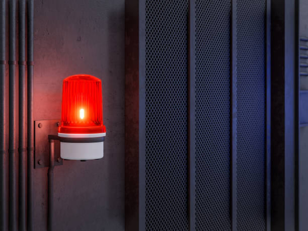 Red siren light warning activation on industrial loft style wall background 3d render stock photo
