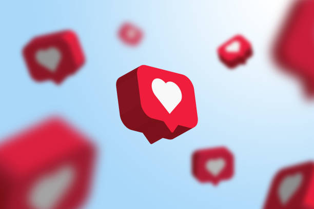 red social media notification like icon falling . follow, comment, like icon. - 3d rendering - questão social imagens e fotografias de stock