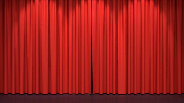Red stage curtains Red stage curtains. Luxury red velvet drapes, silk drapery. Realistic closed theatrical cinema curtain. Waiting for show, movie end, revealing new product, premiere, marketing concept. 3D illustration curtain stock pictures, royalty-free photos & images