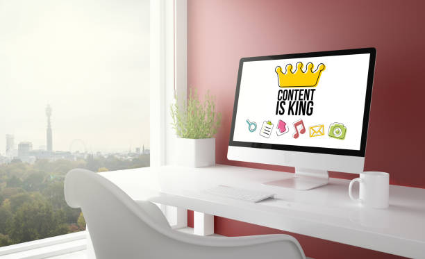 red studio with content is king computer stock photo