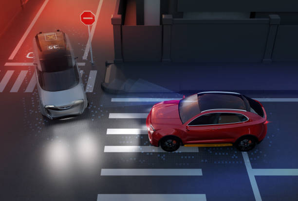 Red SUV avoid a accident from a minivan at crossroad Red SUV avoid a accident from a minivan at crossroad. Advance driver-assistant system concept. 3D rendering image. avoidance stock pictures, royalty-free photos & images