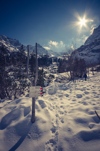 Red trail signs in winter High Tatra mountains, Poland