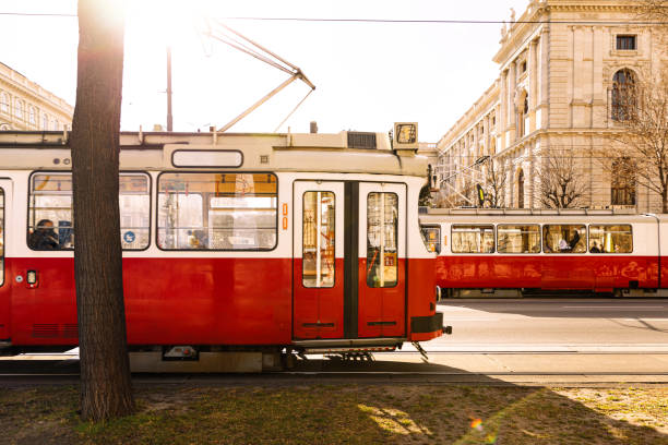 Red Tram in Vienna, Austria stock photo