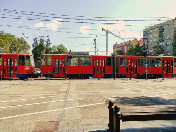 Red Tram on the Street. stock photo
