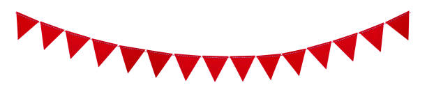 Red triangle flags hanging on white background. Christmas or birthday decoration stock photo