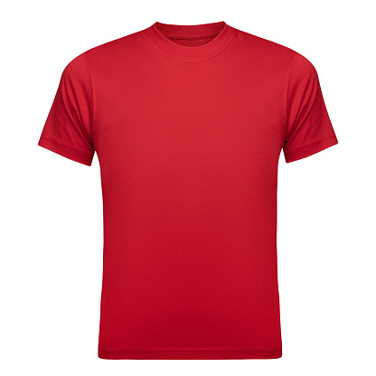 Red T-shirt mockup men as design template. Female Tee Shirt blank isolated on white. Front view.