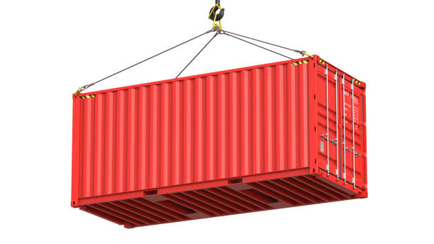 Red twenty feet cargo container hanging on a crane hook Isolated on white background. 3d rendering Illustration of a shipping contaner as a concept of import and export or moving Red twenty feet cargo container hanging on a crane hook Isolated on white background. 3d rendering Illustration of a shipping contaner as a concept of import and export or moving. container stock pictures, royalty-free photos & images