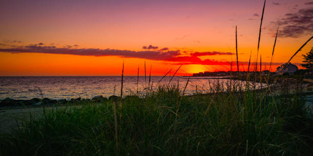 Red twilight seascape over the beach grasses stock photo