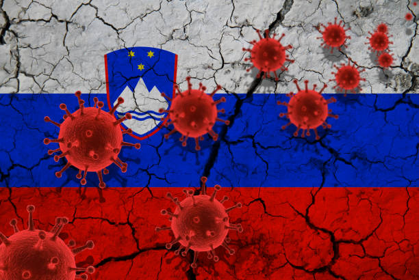 Red virus cells, pandemic influenza virus epidemic infection, coronavirus, Asian flu concept, against the background of a cracked Slovenia flag Red virus cells, pandemic influenza virus epidemic infection, coronavirus, Asian flu concept, against the background of a cracked Slovenia flag slovenia stock pictures, royalty-free photos & images