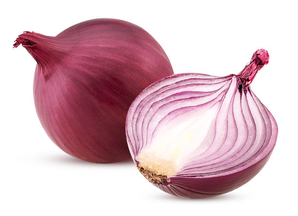 Red whole onion and one cut in half Red whole onion and one cut in half isolated on white background Clipping Path onion stock pictures, royalty-free photos & images