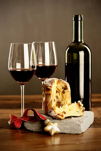 Red wine and Panettone stock photo