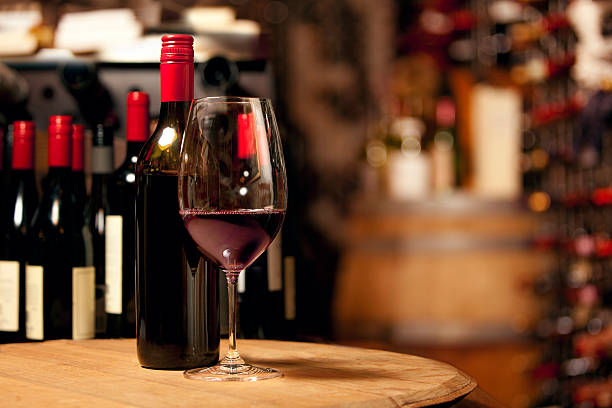 Red wine in an underground cellar stock photo