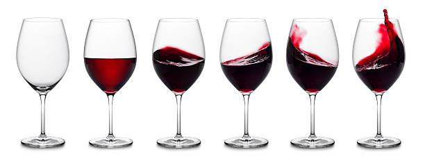 Red wine splash collection row of red wine glasses, full, empty and with splashes. red wine stock pictures, royalty-free photos & images