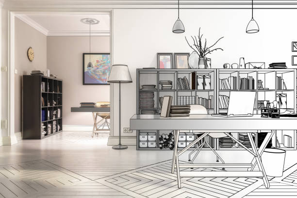 Redesign in an office (drawing) - 3d illustration stock photo
