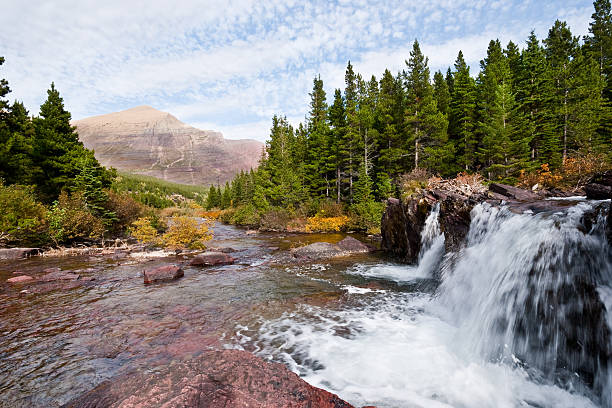 Redrock Falls Swiftcurrent Creek tumbles over Redrock Falls on its way to Swiftcurrent Lake. The characteristic red rock of the area gives the falls its name. This picture was taken near Redrock Lake in Glacier National Park, Montana, USA. jeff goulden glacier national park stock pictures, royalty-free photos & images