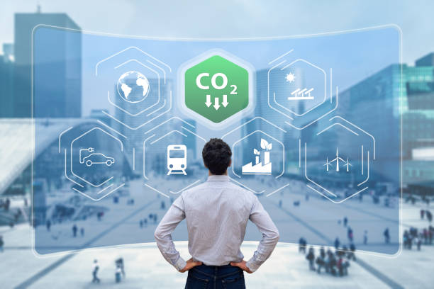 Reduce Carbon Dioxide Emissions to Limit Global Warming and Climate Change. Commitment to Paris Agreement to Lower CO2 levels with Sustainable Development as Renewable Energy and Electric Vehicles stock photo