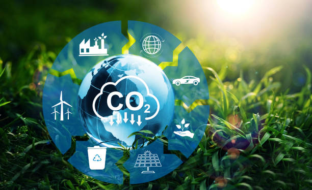 Reduce CO2 emission. Sustainable development concept. Renewable energy-based green businesses can limit climate change and global warming. stock photo