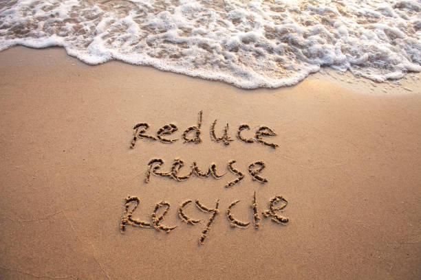 reduce reuse recycle, sustainability concept reduce reuse recycle concept drawn on sand, sustainability circular economy stock pictures, royalty-free photos & images