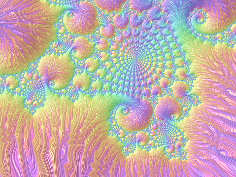 Reef Coral Abstract Colorful Nautilus Spiral Sea Shell Swirl Pattern Curve Rainbow Background Purple Teal Pale Pink Yellow Orange Green Light Blue Turquoise Coral Colored Bright Pastel Ombre Flowing Shape Texture Infinity Bizarre Squiggle Fractal Fine Art Digitally Generated Image for banner, flyer, card, poster, brochure, presentation