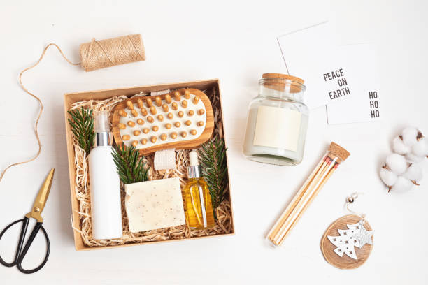 Refined Christmas gift basket for romantic holidays with self care products stock photo